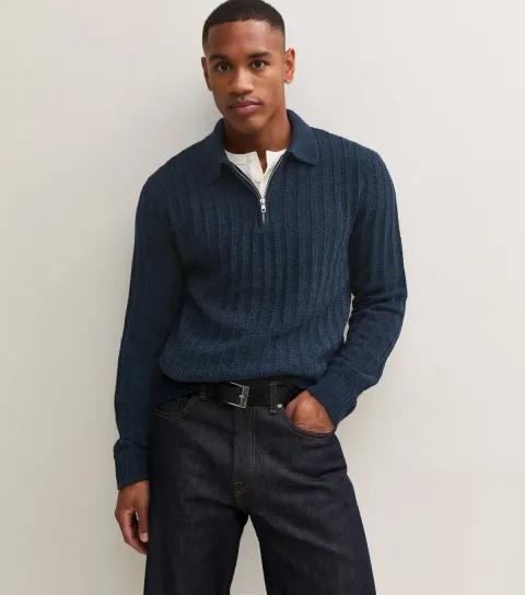 Men's Navy Ribbed Knit 3/4 Zip Collared Jumper