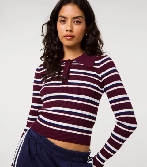Pink Vanilla Women's Dark Burgundy Striped Long Sleeve Polo Shirt