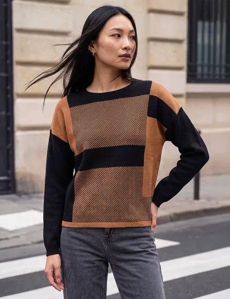 Roman Cotton Blend Colour Block Jumper Camel Mix