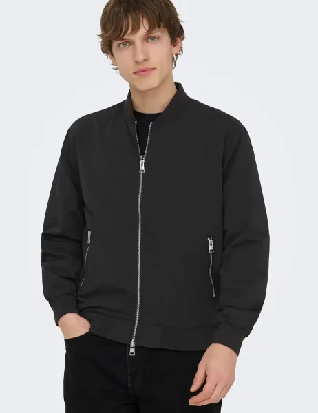 Only & Sons Zip Up Bomber Jacket Black