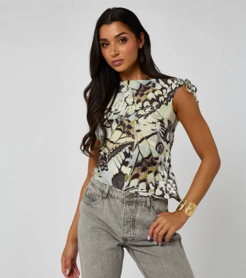 Women's Green Pattern Asymmetric Tie Top