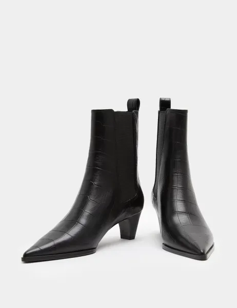 Marks & Spencer Leather Croc Chelsea Block Heel Ankle Boots Black