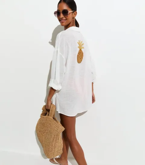 Women's White Cotton Pineapple Beaded Oversized Beach Shirt