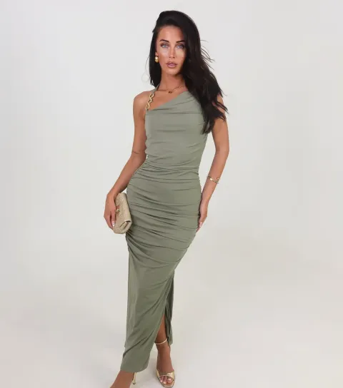 AX Paris Women's Light Khaki Chain Halter Neck Midi Dress