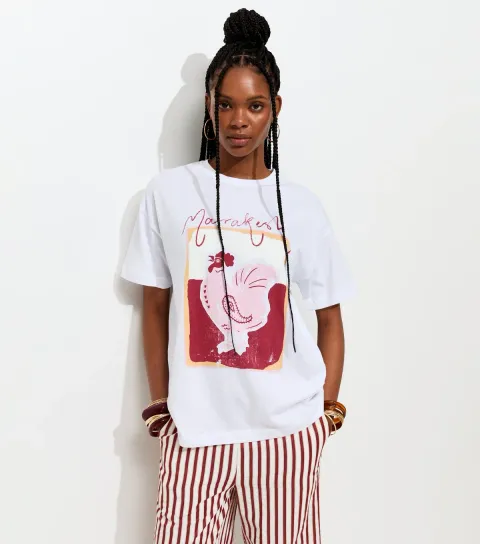 Women's White Rooster Print Oversized T-Shirt