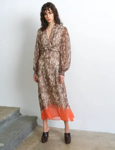 French Connection Chiffon Snake Print Midi Waisted Dress Multi