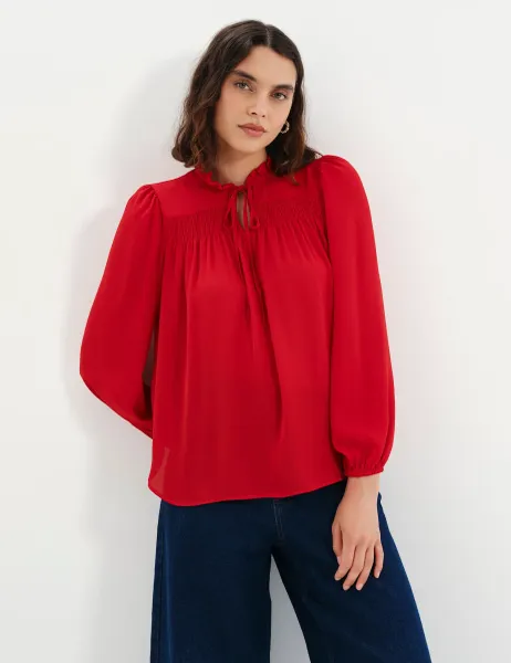 Finery London Shirred Tie Neck Blouse Red
