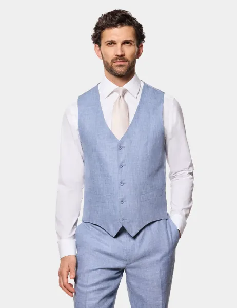 Hawes & Curtis Tailored Fit Pure Linen Waistcoat Blue