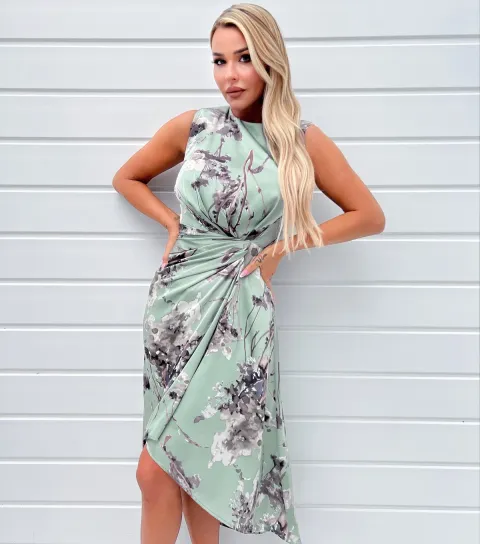 AX Paris Women's Mint Green Floral Ruched Midi Dress