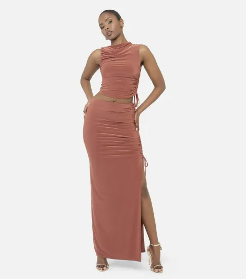 Public Desire Women's Rust Slinky Ruched Maxi Skirt