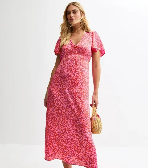 Women's Pink Floral Print Tie Neck Satin Midi Dress