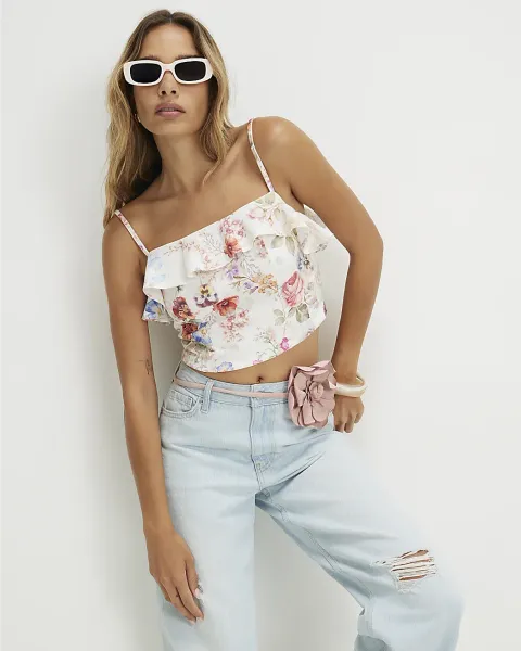 River Island Floral Print Frill Crop Top
