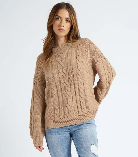 Women's Brown Cable Knit Crew Neck Jumper