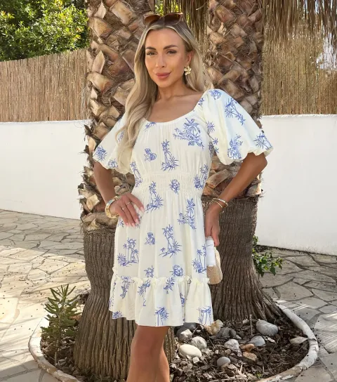 Women's Blue Beach Print Frill Hem Mini Dress