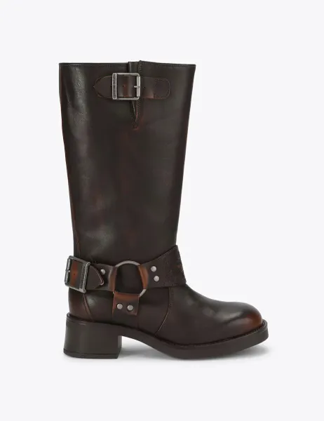 Steve Madden Leather Block Heel Round Toe Knee High Boots Brown