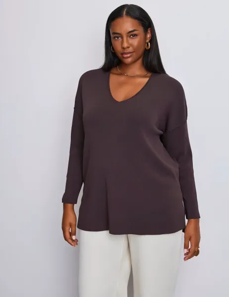 Live Unlimited London Ribbed V-Neck Jumper Brown