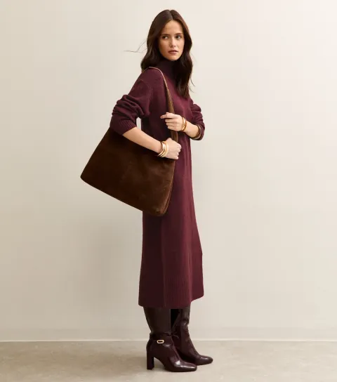 Women's Burgundy High Neck Back Slit Midi Jumper Dress