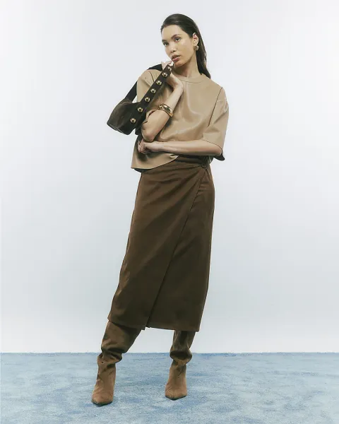 River Island Faux Suede Wrap Midi Skirt