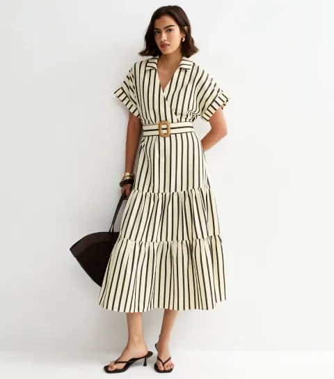 Women's Cream Stripe Shirt Raffia Buckle Midi Dress