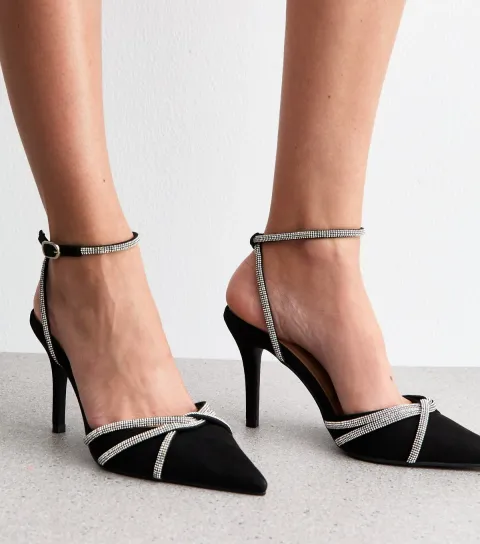 Women's Black Faux Suede Embellished Court Shoes Vegan