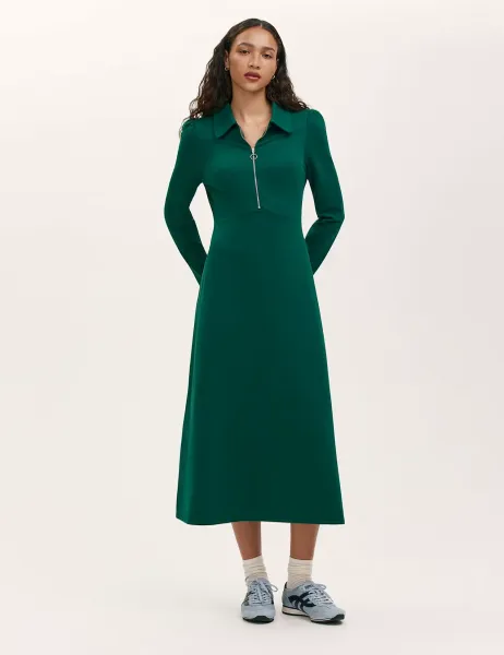 Finery London Jersey Zip Neck Midi Skater Dress Green