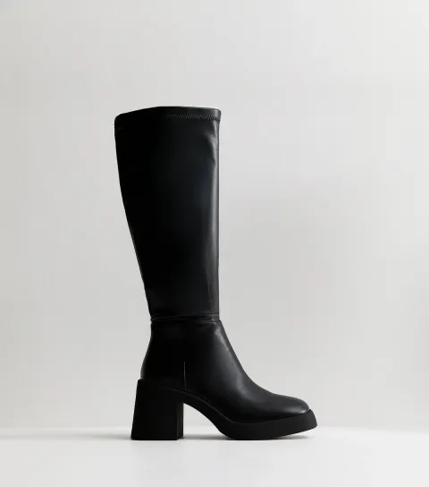 Women's Slim Calf Fit Faux Leather Black Stretch Chunky Boots Vegan
