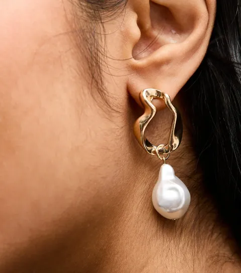 Gold Tone Sculptural Faux Pearl Drop Earrings
