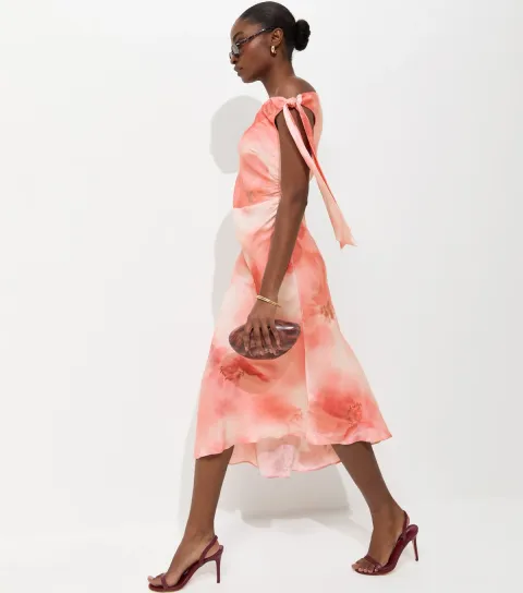 Women's Pink Blurred Floral Print Shimmer Effect Midi Dress