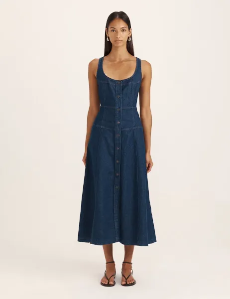 Saba Denim Scoop Neck Midi Skater Dress Blue