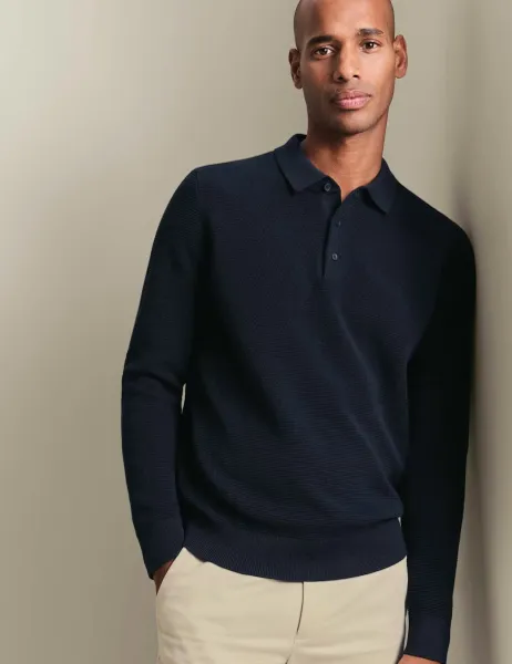Charles Tyrwhitt Pure Cotton Textured Knitted Polo Shirt Navy