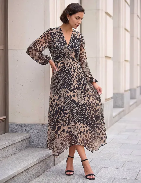 Roman Lurex Animal Print Twist Front Dress Beige