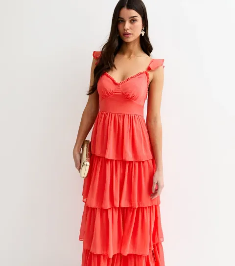Women's Coral Tiered Chiffon Midi Dress