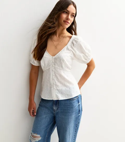 Women's Petite White Cutwork V-Neck Top