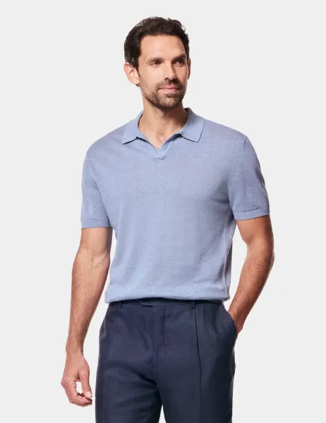 Hawes & Curtis Sim Fit Pure Linen Open Collar Polo Shirt Blue