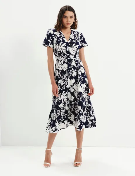 Finery London Spot Print V-Neck Midi Relaxed Tea Dress Navy Mix