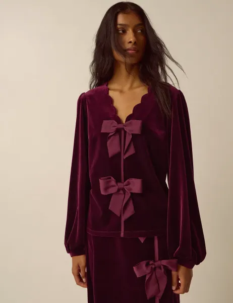 Monsoon Velvet V Neck Bow Detail Top Burgundy