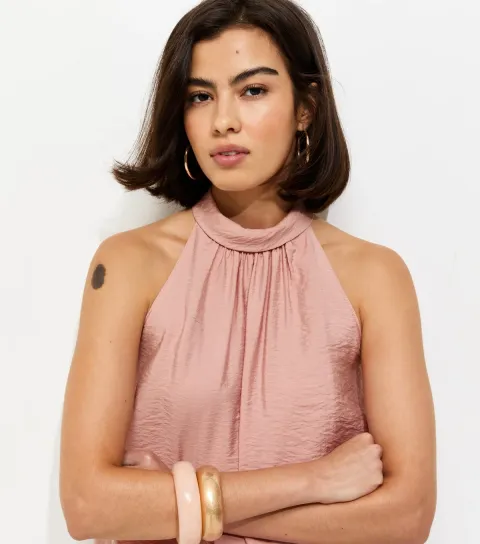 New Look Women's Pink Bubble Hem Neck Tie Top