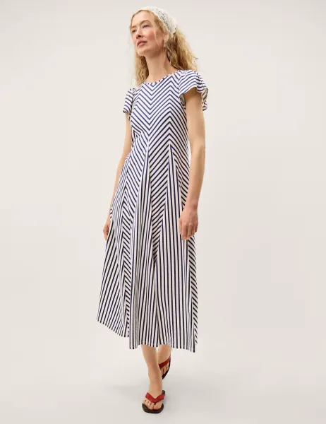 Monsoon Pure Cotton Jersey Striped Midi Dress Blue Mix