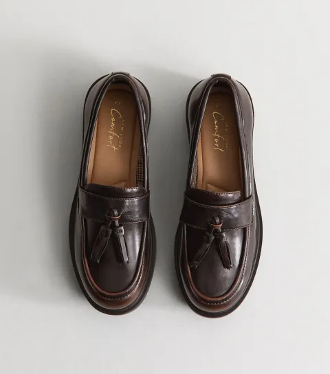 New Look Women's Dark Burgundy Burnished Faux Leather Tassel Loafers Vegan