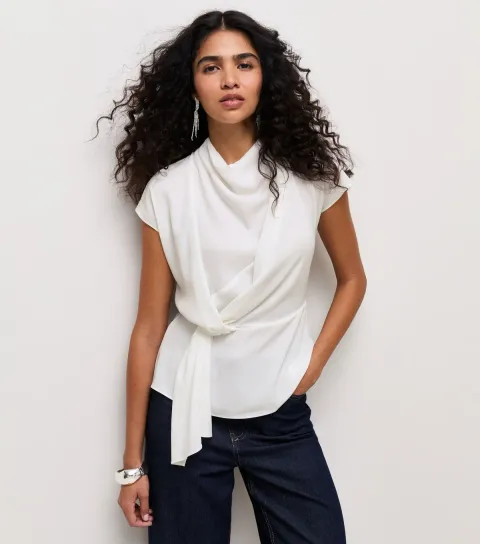 Women's Cream Cowl Neck Draped Short Sleeve Blouse