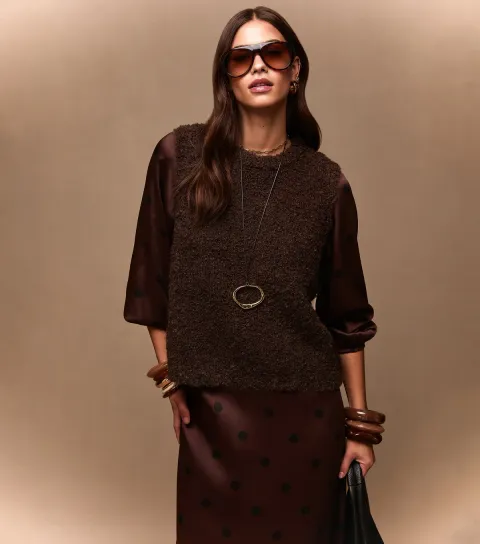 Women's Dark Brown Boucle Textured Knit Tabard Vest