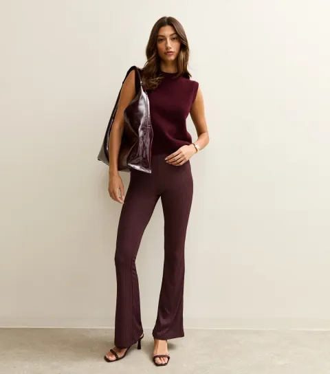 Women's Tall Dark Burgundy Rib Jersey Flared Trousers