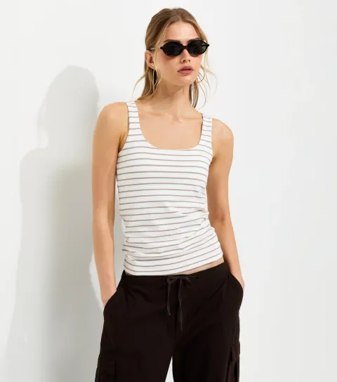 Women's Cream Cotton Rich Square Neck Striped Vest Top