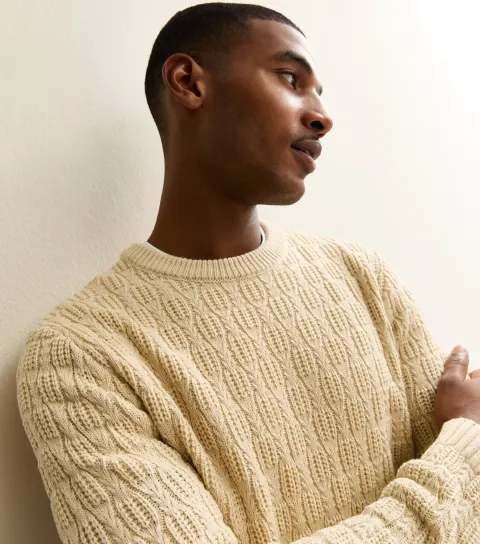 Men's Cream Regular Textured Crew Neck Jumper