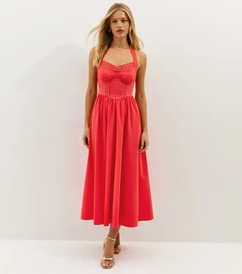 Women's Dark Coral Embroidered Halter Midi Dress