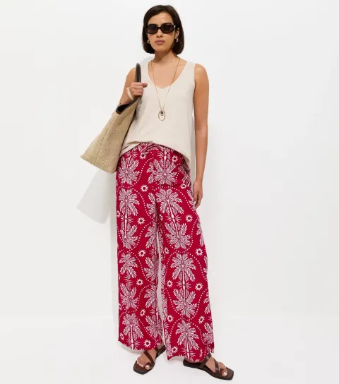 Women's Red Palm Tree Print Wide Leg Trousers