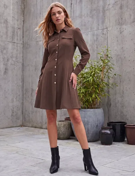 Collared Button Through Knee Length Shirt Dress Brown Mix