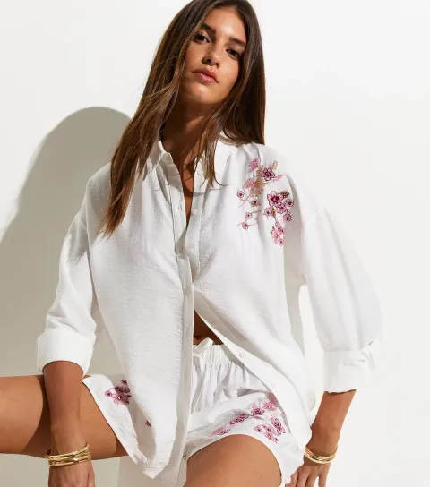 Women's Premium White Crinkle Texture Floral Embroidered Beach Shirt