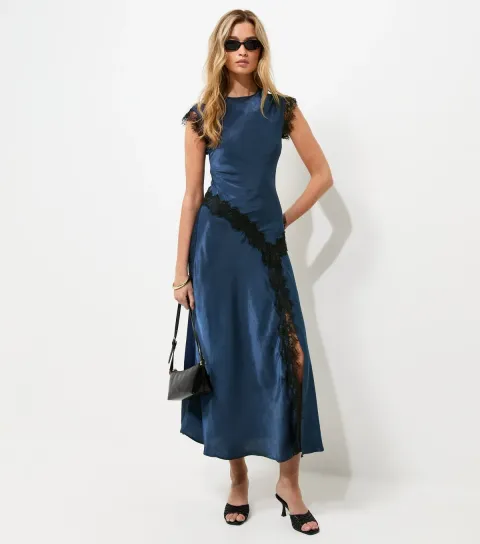 Women's Tall Navy Satin Lace Trim Bias Cut Midi Dress