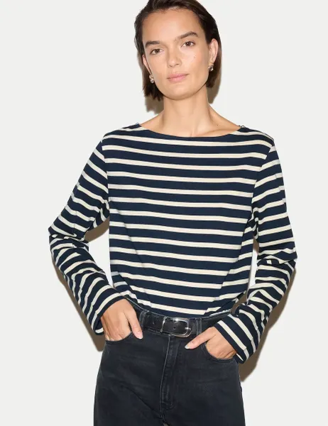 Jigsaw Pure Cotton Striped Slash Neck Top Navy Mix